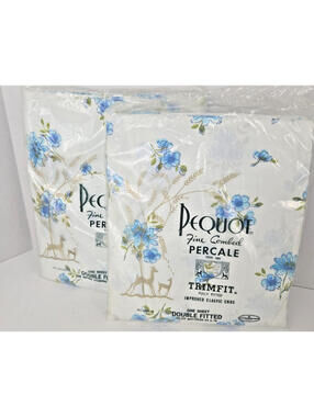 Pequot Full Double Fitted + Flat Percale Sheets Blue Floral on White 84" X 76"